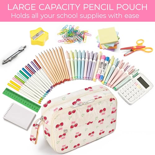 WOBAGMEN Cute Pencil Case for Girls,Large Corduroy Zippered Pencil Case Pouch, aesthetic Pencil Bag with Compartments, Soft Pencil Pouch School Supplies for Teen Girls Boys and Women(cherry) - Image 4