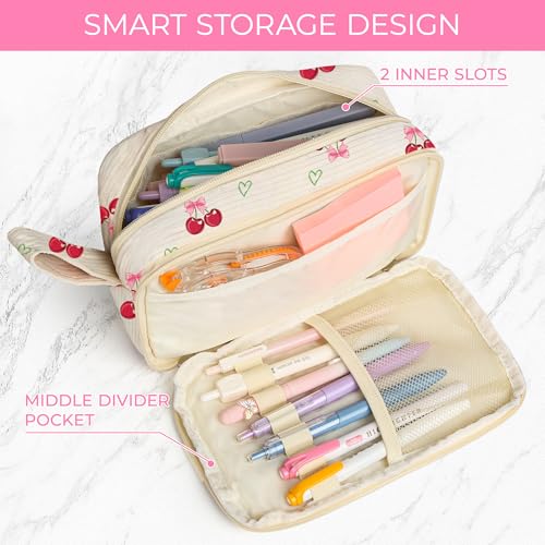 WOBAGMEN Cute Pencil Case for Girls,Large Corduroy Zippered Pencil Case Pouch, aesthetic Pencil Bag with Compartments, Soft Pencil Pouch School Supplies for Teen Girls Boys and Women(cherry) - Image 5