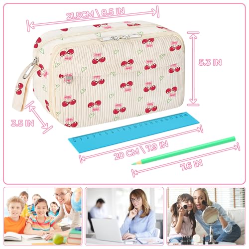 WOBAGMEN Cute Pencil Case for Girls,Large Corduroy Zippered Pencil Case Pouch, aesthetic Pencil Bag with Compartments, Soft Pencil Pouch School Supplies for Teen Girls Boys and Women(cherry) - Image 2