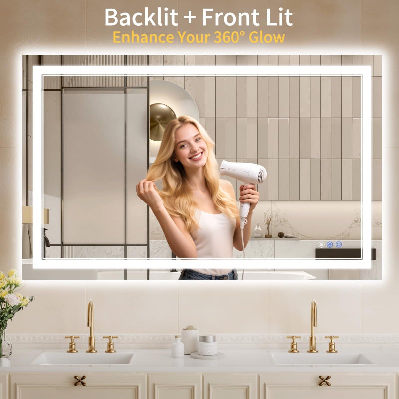WISSMIELS 30"x48" LED Bathroom Mirror with Lights, Anti-Fog, Backlit + Front Lit, Dimmable, Led Vanity Mirror for Wall, Lighted Bathroom Mirror, 3 Colors, Shatter-Proof Tempered Glass - Image 2