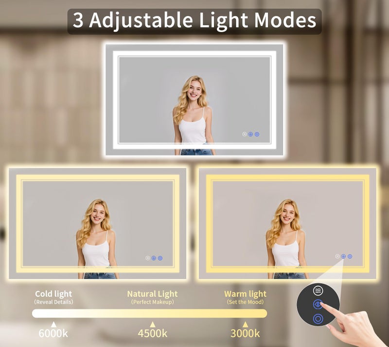 WISSMIELS 30"x48" LED Bathroom Mirror with Lights, Anti-Fog, Backlit + Front Lit, Dimmable, Led Vanity Mirror for Wall, Lighted Bathroom Mirror, 3 Colors, Shatter-Proof Tempered Glass - Image 3