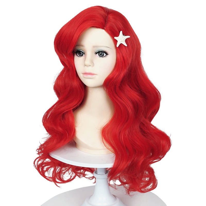 Probeauty Red Mermaid Wigs for Kids Girls 21inch Red Wig Curly Wave Wig with Starfish Hair Clips for Halloween Costume