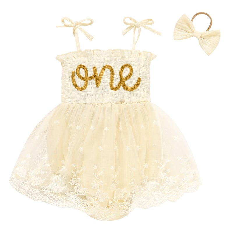 TITKKOP Baby Girl 1st Birthday Clothes One Year Old Tulle Romper Sleeveless Bodysuit Cake Smash Outfits(apricot2,12-18M) - Image 1