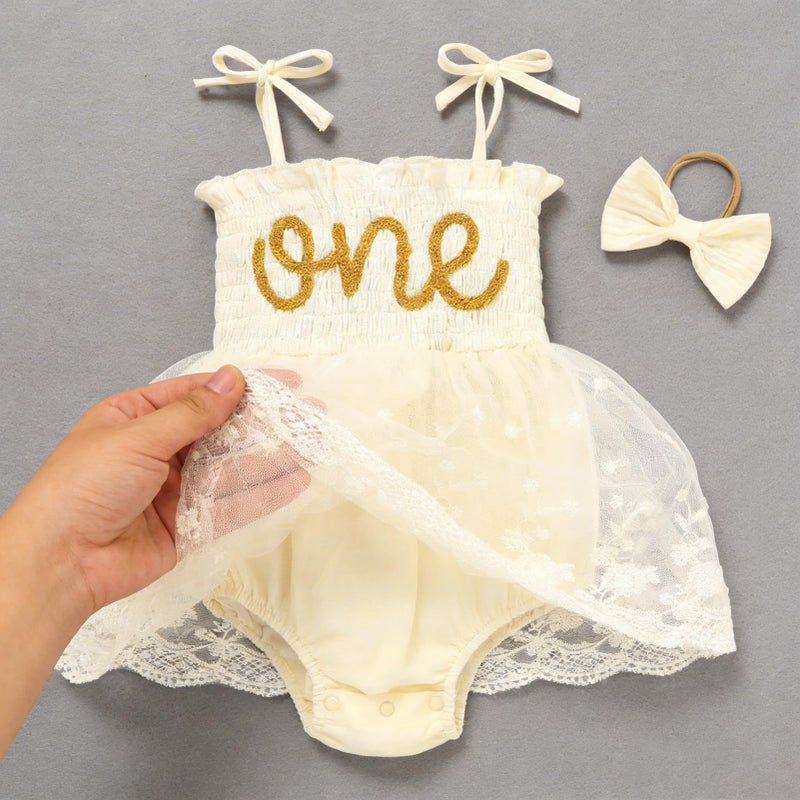 TITKKOP Baby Girl 1st Birthday Clothes One Year Old Tulle Romper Sleeveless Bodysuit Cake Smash Outfits(apricot2,12-18M) - Image 3