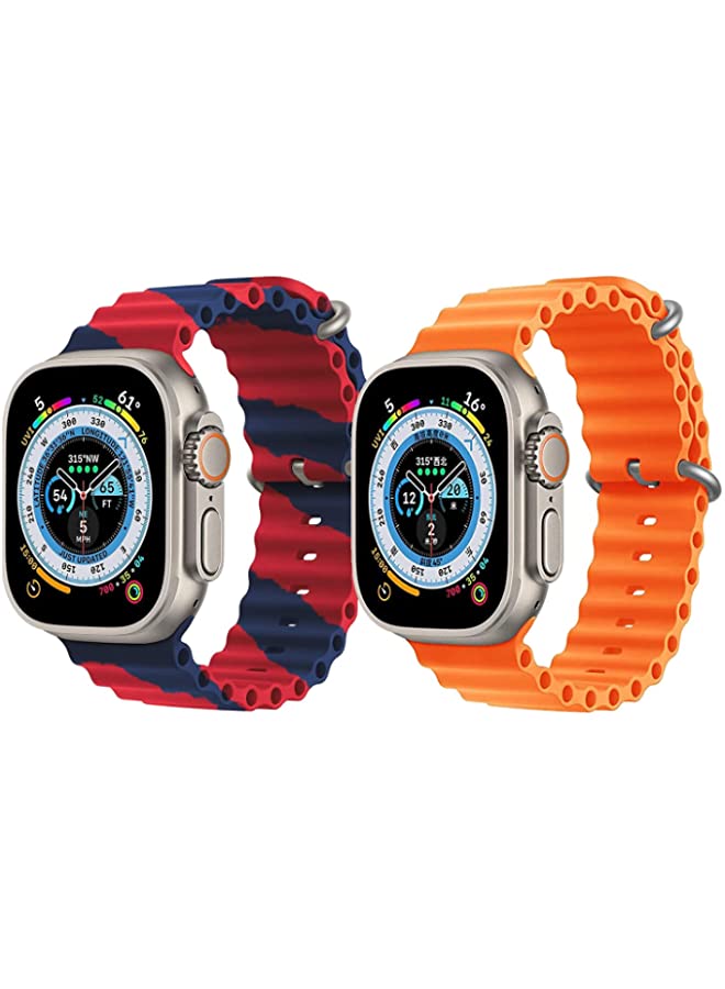 IAF Silicone Ocean Band Strap for Apple Watch Ultra 8 49mm Red/Blue Double Line Strap with Orange Single Color Strap Set of 2