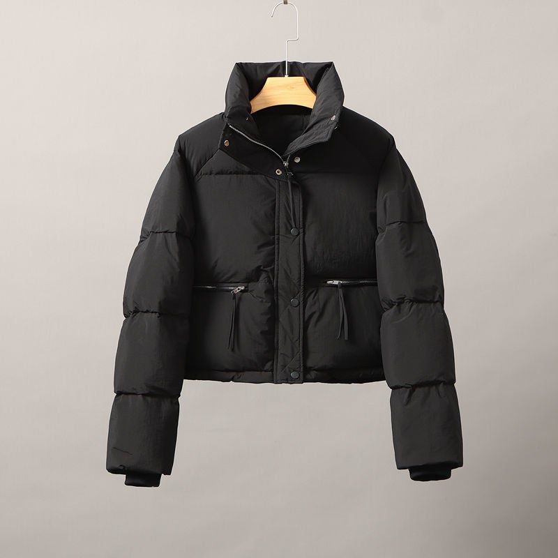 New Style Short Cotton Jacket for Women, Versatile Korean Version with Stand Collar, Thickened Puffer Jacket for Petite Figures Mocha brown