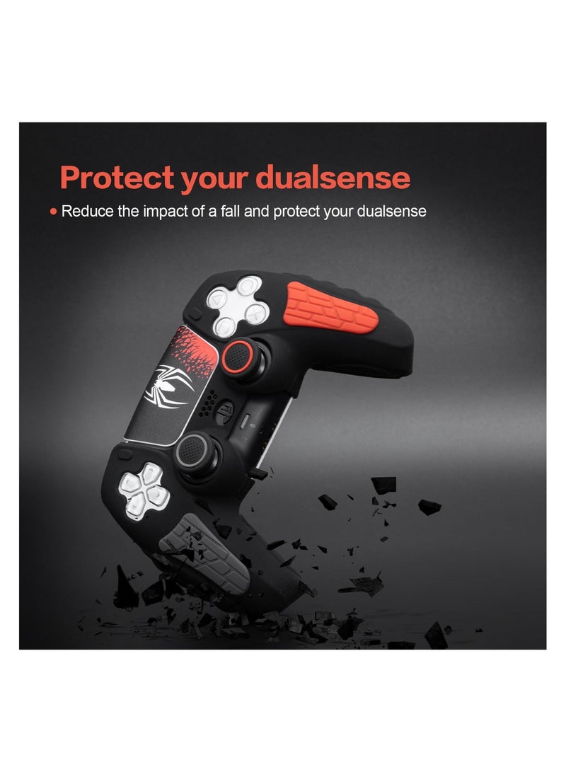 شابية عبوة من قطعتين من غطاء وحدة تحكم بلاي ستيشن 5، غطاء سيليكون مضاد للانزلاق متوافق مع وحدة تحكم بلاي ستيشن 5 Dual Sense مع أغطية قبضة الإبهام، واقيات عصا التحكم وملصق لف الغطاء - Black-Spider - Image 4