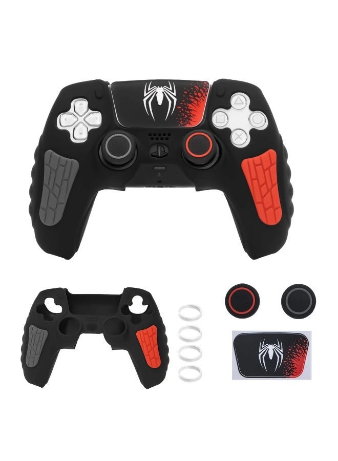 شابية عبوة من قطعتين من غطاء وحدة تحكم بلاي ستيشن 5، غطاء سيليكون مضاد للانزلاق متوافق مع وحدة تحكم بلاي ستيشن 5 Dual Sense مع أغطية قبضة الإبهام، واقيات عصا التحكم وملصق لف الغطاء - Black-Spider - Image 1