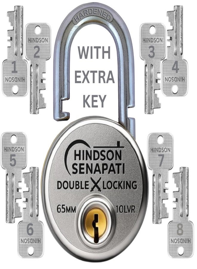 HINDSON 8 Key SENAPATI 65mm Double Locking Padlock | Heavy Duty Lock and Key for Home, Door, Gate & Shutter Security | Hardened Shackle, High Safety Padlock - Image 1