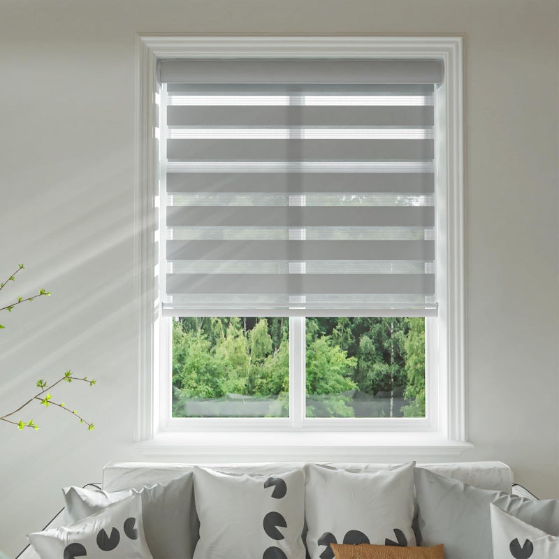 Changshade Zebra Blinds for Windows Cordless Double Layered Roller Semi Sheer Shades with Valance Light Filtering Privacy for Day and Night Pull Down Roller Shade for Home Office23 W72 HGrey