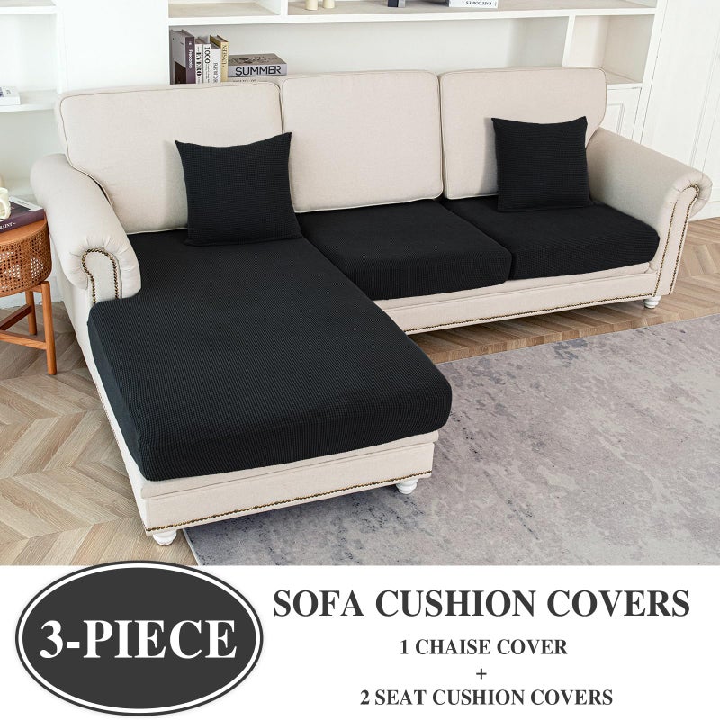 LA MEACK Couch Cushion Covers for Sectional Sofa L Shape Washable Separate Seat Chaise Couch Cover Stretch Sofa Slipcovers with 2 Pcs Pillowcases(2 Seater + 1 Chaise, Black) - Image 2