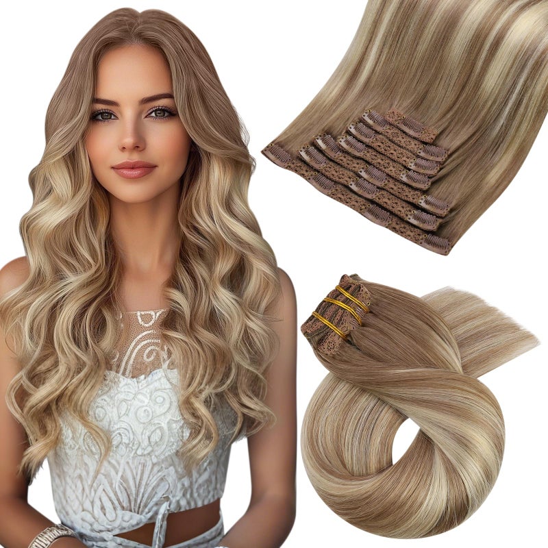 Moresoo Clip in Hair Extensions Brown to Blonde Clip in Extensions Real Human Hair Ombre Light Brown to Medium Blonde for Long 22 inch Double Weft 120g7pcs