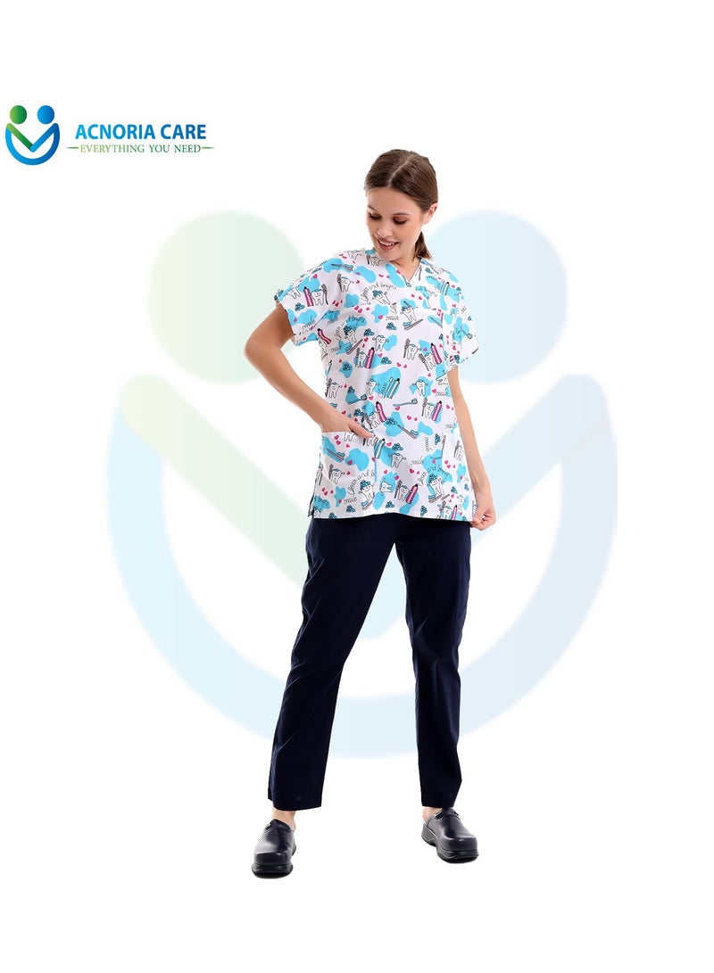 ACNORIA CARE Women's Printed Medical Scrubs Consisting Of Two Pieces Blouse And Pants 65% Polyester, 35% Cotton White Color - Size XL - From Acnoria Care  - Image 3