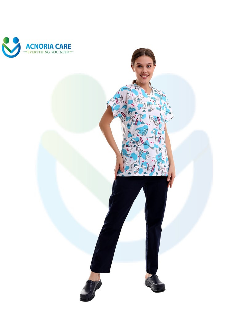 ACNORIA CARE Women's Printed Medical Scrubs Consisting Of Two Pieces Blouse And Pants 65% Polyester, 35% Cotton White Color - Size XL - From Acnoria Care  - Image 1