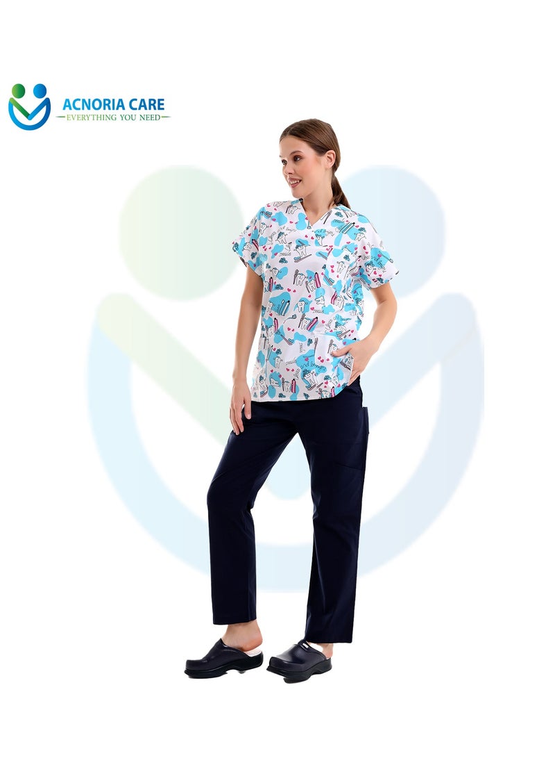 ACNORIA CARE Women's Printed Medical Scrubs Consisting Of Two Pieces Blouse And Pants 65% Polyester, 35% Cotton White Color - Size XL - From Acnoria Care  - Image 5