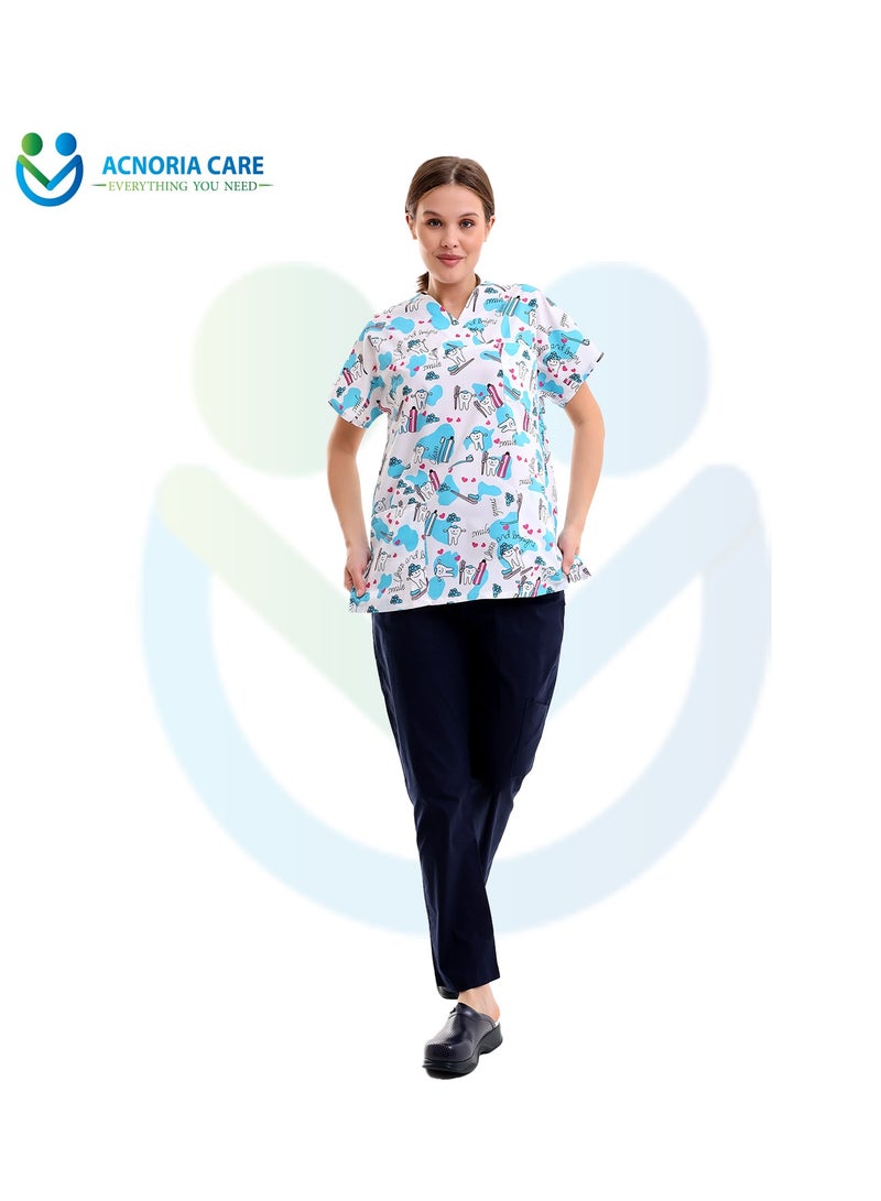 ACNORIA CARE Women's Printed Medical Scrubs Consisting Of Two Pieces Blouse And Pants 65% Polyester, 35% Cotton White Color - Size XL - From Acnoria Care  - Image 4
