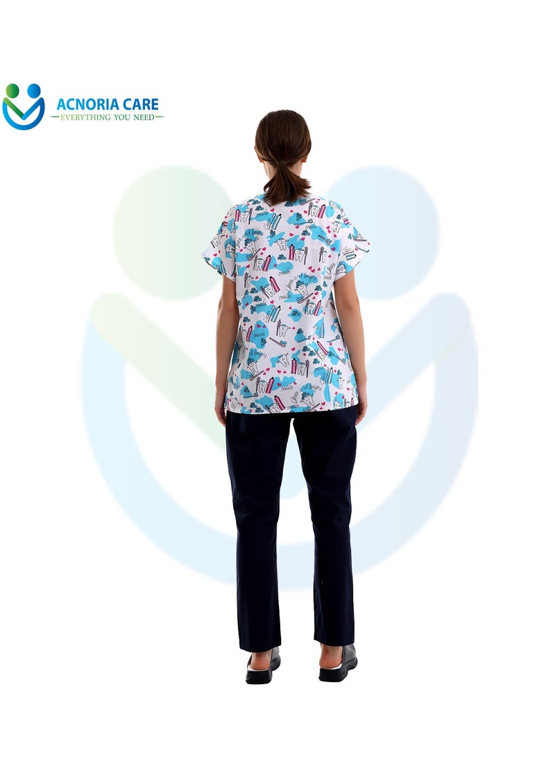 ACNORIA CARE Women's Printed Medical Scrubs Consisting Of Two Pieces Blouse And Pants 65% Polyester, 35% Cotton White Color - Size XL - From Acnoria Care  - Image 2
