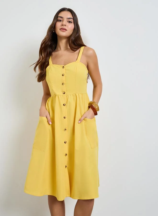 تايك تو Yellow Button Front Midi Dress with Patch Pocket