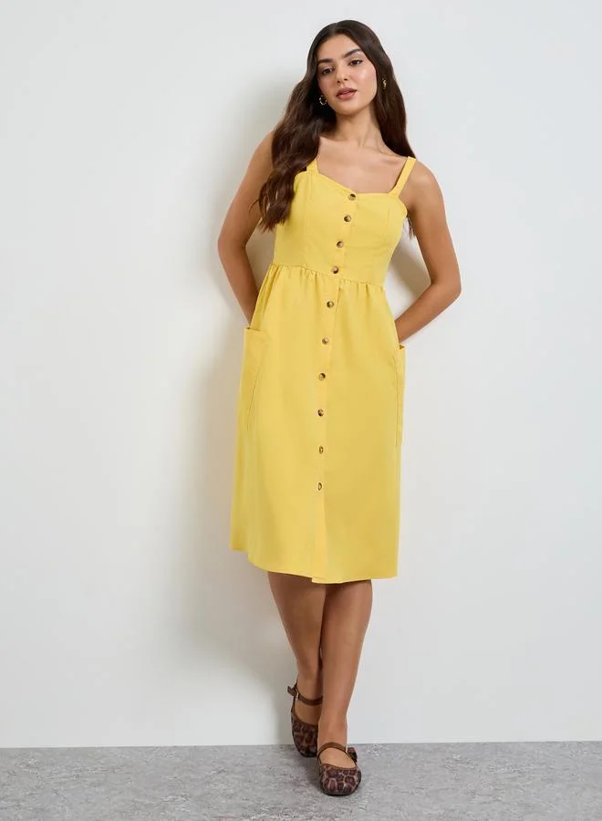 تايك تو Yellow Button Front Midi Dress with Patch Pocket