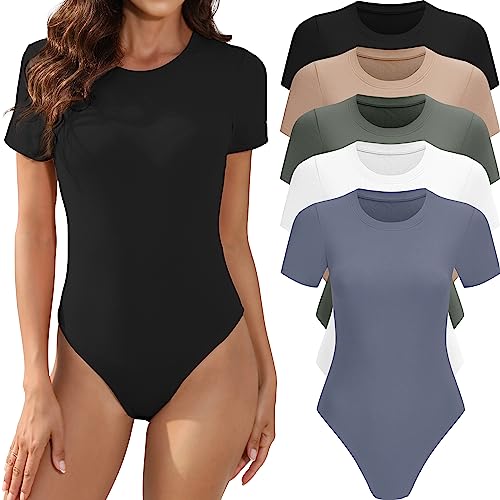 MLYENX 5 Pack Body Suits for Womens Short Sleeve Round Neck Casual Stretchy Basic T Shirt Bodysuit Tops L - Image 1