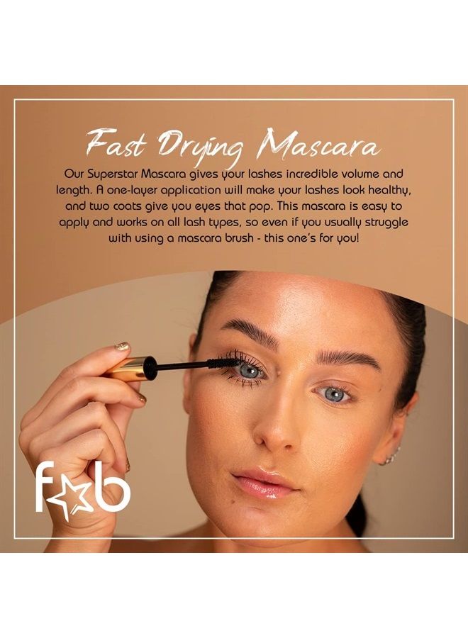 Fab Superstar Mascara: Waterproof Volumizing High Lash Lift Beauty Mascara: Black Liquid Mascara for Bold Volume and Length - Infused with Keratin and Biotin for Longer, Better Defining Lashes - 10ml