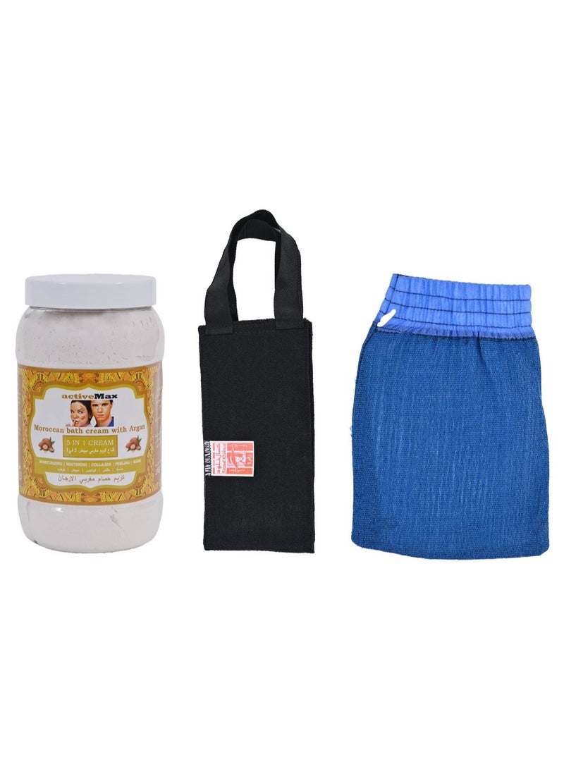 Moroccan Pure Strong Loofa For Moroccan Bath & Back Loofa Black and Whitening and Peeling Bath Cream 5 in 1 with Pure Argan 2 Kg (set Of 3)