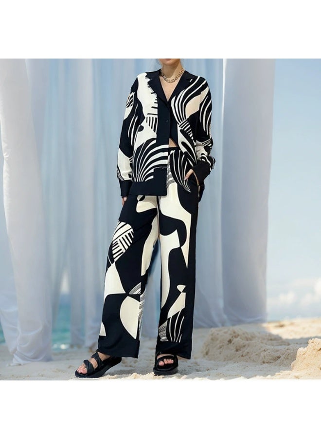 general 2025-2026 Women's Personalized Graffiti Casual Shirt with Flap Collar and Long Sleeves Fashion Set - Image 1