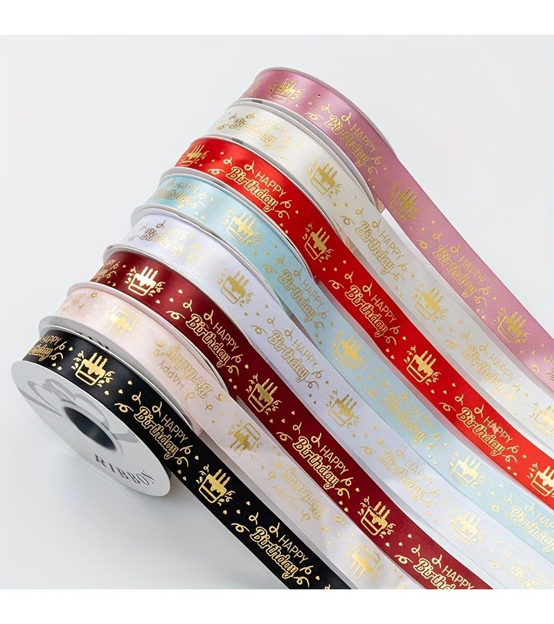 Red Happy Birthday Cake Pattern Foil Ribbon 3 Pack 90.55 Inches For Gift Wrapping And Flower Decorating - Image 1