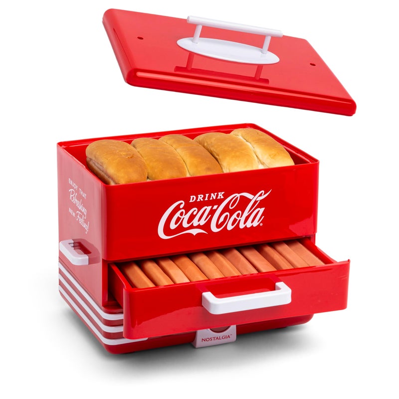 Nostalgia Extra Large Diner-Style Coca-Cola Hot Dog Steamer and Bun Warmer, 24 Hot Dog and 12 Bun Capacity, Steam Bratwursts, Sausages, Vegetables, Fish, Dumplings, Red - Image 1