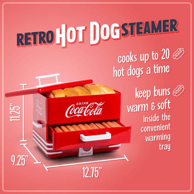 Nostalgia Extra Large Diner-Style Coca-Cola Hot Dog Steamer and Bun Warmer, 24 Hot Dog and 12 Bun Capacity, Steam Bratwursts, Sausages, Vegetables, Fish, Dumplings, Red - Image 2
