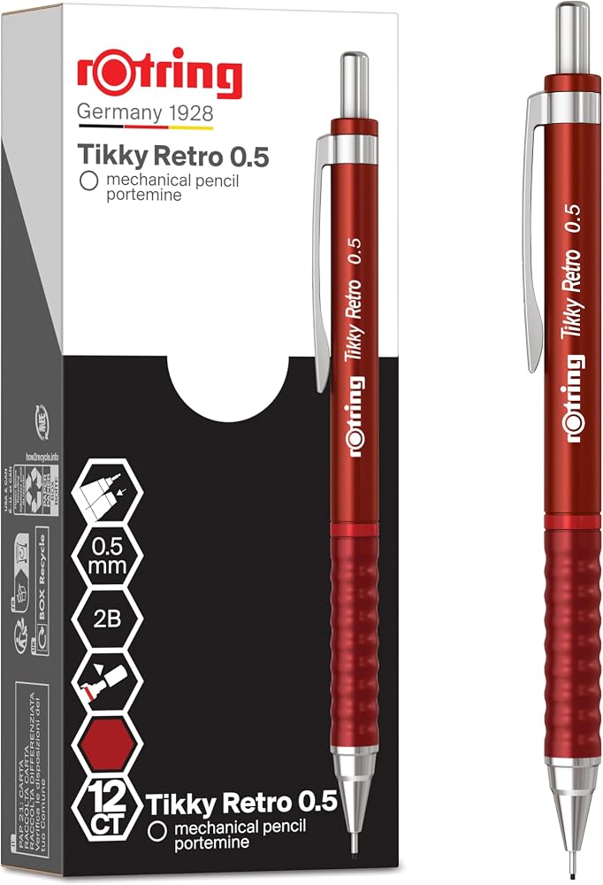 روترينج أقلام ميكانيكية رترو من نوع rOtring Tikky قلم من نوع 2B بسمك 0.5 مم علبة حمراء مزودة بمقبض مقوس لراحة الاستخدام مجموعة تحتوي على 12 قلمًا - Image 1
