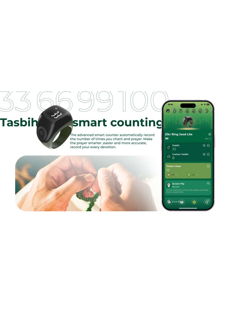 إيكيبلا خاتم ذكر إسلامي رقمي ذكي من جود لايت مزود بشاشة LED، وتذكيرات وقت الصلاة عبر البلوتوث، وعداد التسبيح، وقابل لإعادة الشحن عبر منفذ USB، بلون الجمل. - Image 4
