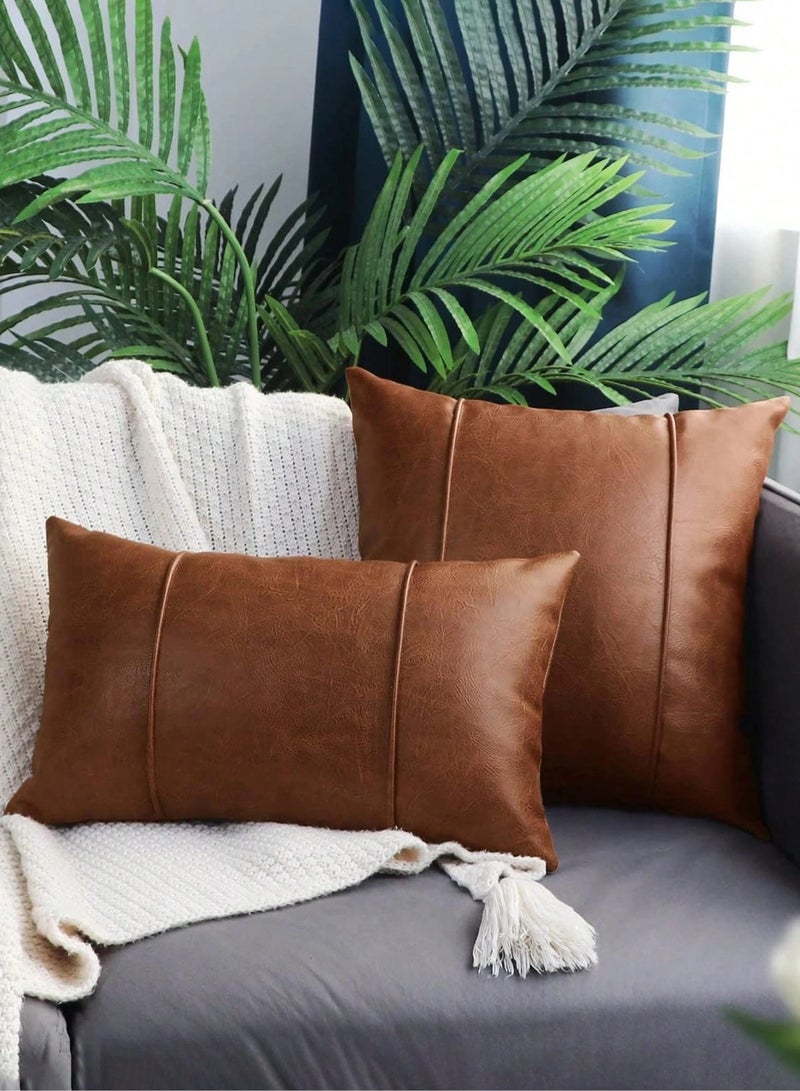 2Pcs Brown Leather Design Cushion Covers for Sofas – Modern Decorative Pillow Set for Living Room - Image 1