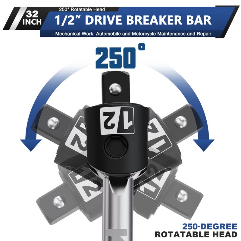 KIRXST 32-Inch 1/2â€ Drive Breaker Bar, Heavy Duty Extension Breaker Bar, 250Â° Rotatable Head, Premium Chromium Molybdenum Steel, Mechanical Work, Automobile and Motorcycle Maintenance and Repair - Image 2
