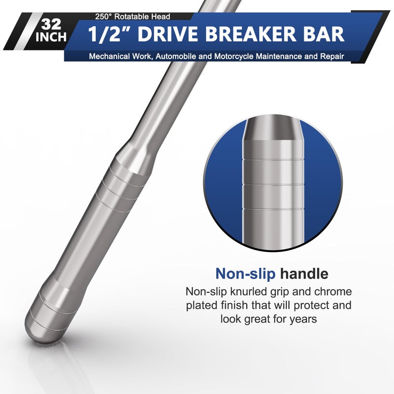 KIRXST 32-Inch 1/2â€ Drive Breaker Bar, Heavy Duty Extension Breaker Bar, 250Â° Rotatable Head, Premium Chromium Molybdenum Steel, Mechanical Work, Automobile and Motorcycle Maintenance and Repair - Image 3