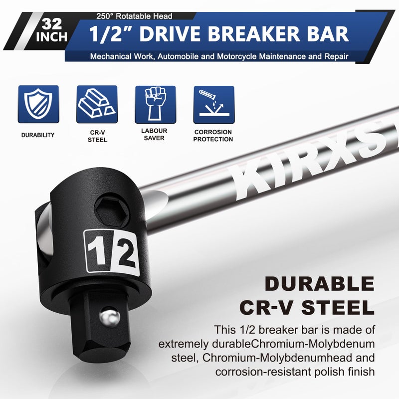 KIRXST 32-Inch 1/2â€ Drive Breaker Bar, Heavy Duty Extension Breaker Bar, 250Â° Rotatable Head, Premium Chromium Molybdenum Steel, Mechanical Work, Automobile and Motorcycle Maintenance and Repair - Image 4