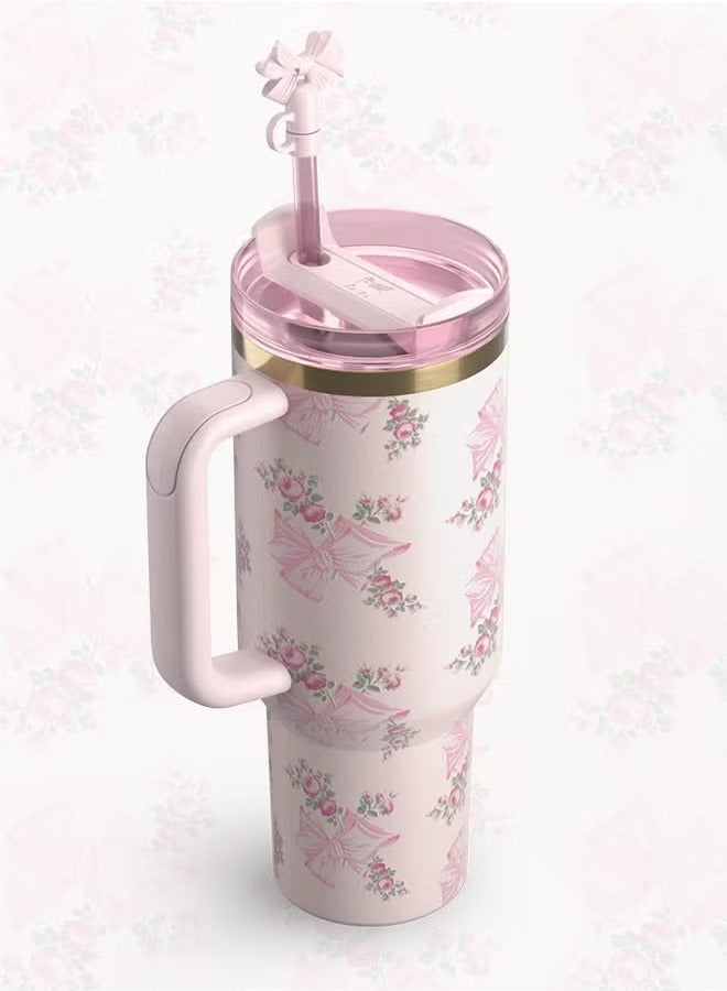 Stanley Love Shack Fancy H2.0 Flow State 40oz  Cortex Tumbler, Stainless Steel Vacuum Insulated Quencher with Lid, Straw, and Stopper, Ideal for Water and Iced Tea, Keeps Drinks Cold, Presented in Elegant Gift-Ready Packaging PINK - Image 2