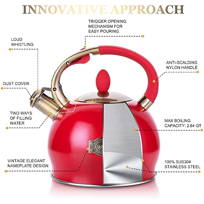 susteas Stove Top Whistling Tea KettleSurgical Stainless Steel Teakettle Teapot With Cool Toch Ergonomic Handle1 Free Silicone Pinch Mitt Included26 LitreRed - Image 3