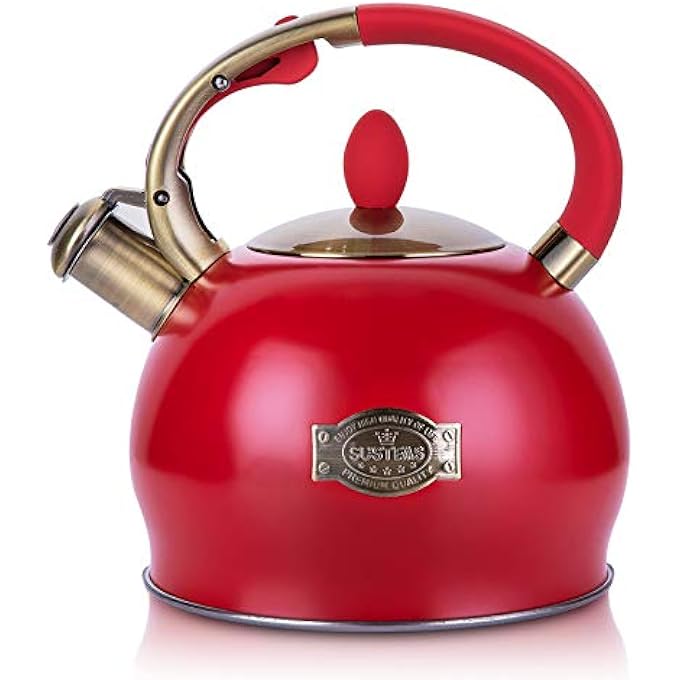 susteas Stove Top Whistling Tea KettleSurgical Stainless Steel Teakettle Teapot With Cool Toch Ergonomic Handle1 Free Silicone Pinch Mitt Included26 LitreRed - Image 2