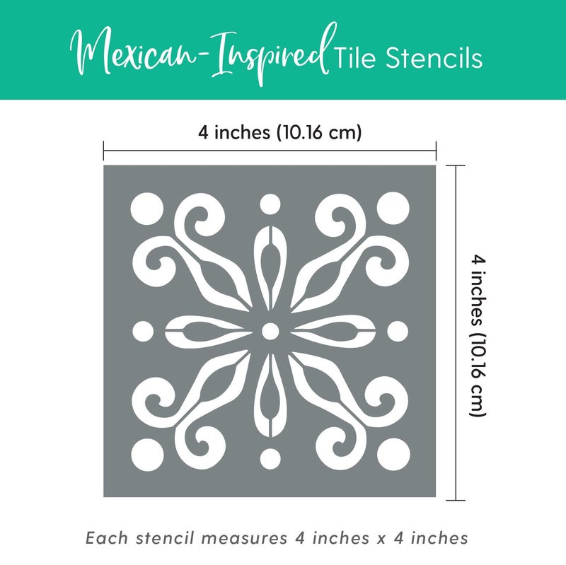 I Like That Lamp Pack of 4 Tile Stencil Set (4 x 4 inches), Mexican Pattern, Reusable Stencils for Painting Floors/Walls/Furniture, Fits 4â€ x 4â€ Tiles, DIY Talavera Mosaic Home Decor, Made in USA - Image 3