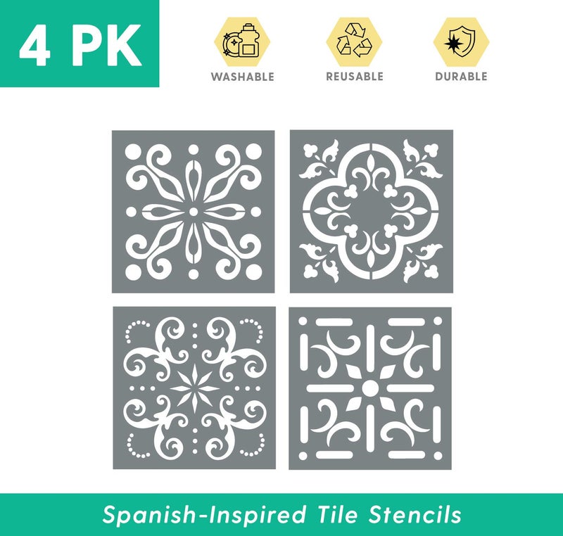 I Like That Lamp Pack of 4 Tile Stencil Set (4 x 4 inches), Mexican Pattern, Reusable Stencils for Painting Floors/Walls/Furniture, Fits 4â€ x 4â€ Tiles, DIY Talavera Mosaic Home Decor, Made in USA - Image 2