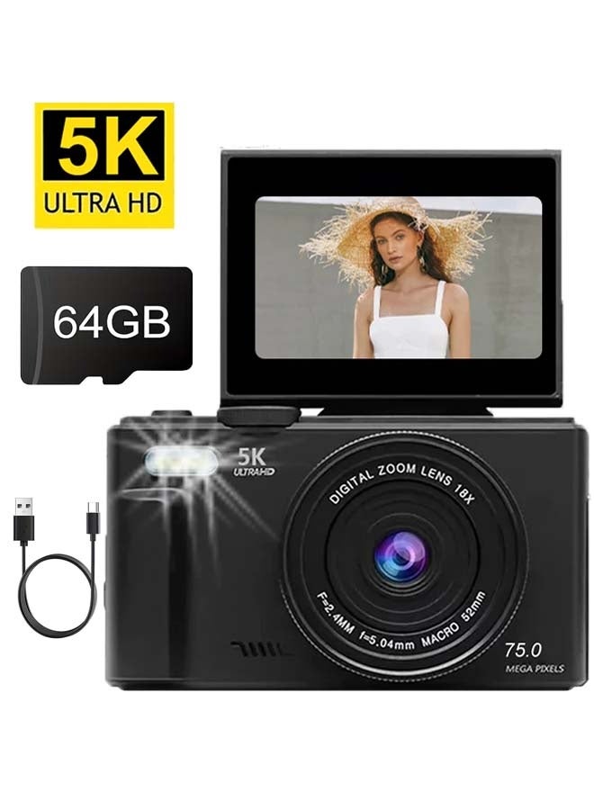Generic 5K Digital Camera for Photography, 75MP WiFi Vlogging Camera for YouTube with 3" 180° Flip Screen, 18X Zoom UHD Autofocus Video Camara with 64GB SD Card - Image 1