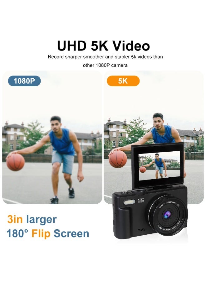 Generic 5K Digital Camera for Photography, 75MP WiFi Vlogging Camera for YouTube with 3" 180° Flip Screen, 18X Zoom UHD Autofocus Video Camara with 64GB SD Card - Image 3