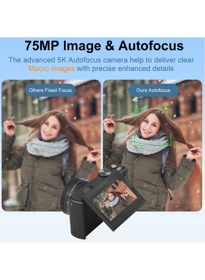 Generic 5K Digital Camera for Photography, 75MP WiFi Vlogging Camera for YouTube with 3" 180° Flip Screen, 18X Zoom UHD Autofocus Video Camara with 64GB SD Card - Image 5