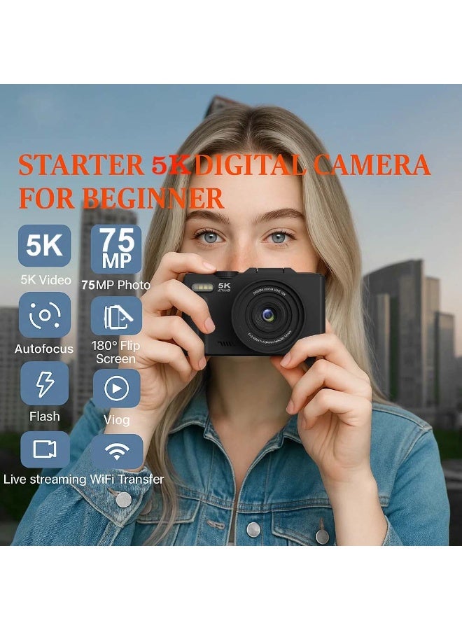 Generic 5K Digital Camera for Photography, 75MP WiFi Vlogging Camera for YouTube with 3" 180° Flip Screen, 18X Zoom UHD Autofocus Video Camara with 64GB SD Card - Image 2