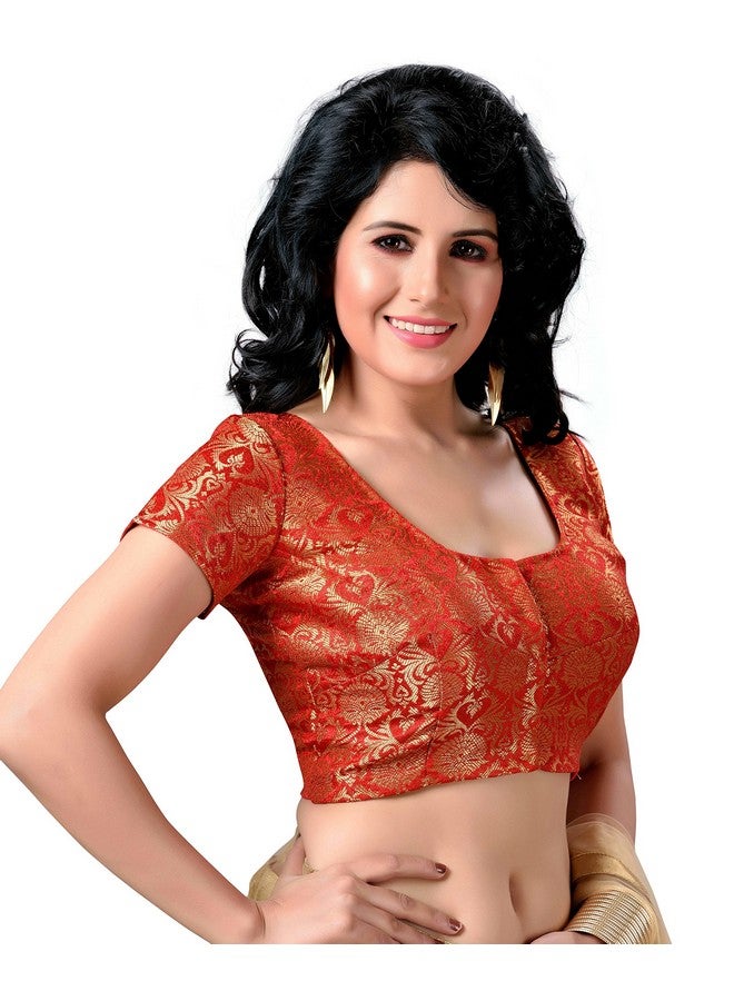 Studio Shringaar Studio Shringaar Women's Benaras Brocade Short Sleeves Readymade Saree Blouse,(Red,36)  - Image 4