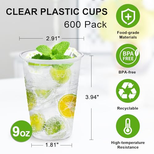 SIUQ 600 Pack 9 oz Plastic Cups, Clear Disposable Cups, Hot/Cold Party Drinking Cups, PP Clear Plastic Cups Bulk for Party, Picnic, BBQ, Wedding, Travel - Image 5