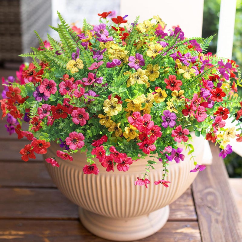 HyeFlora Artificial Faux Outdoor Flowers Plants for Summer Outside Decoration, 14 Bundles Fake Silk Colorful Daisy Ferns UV Resistant Realistic for Front Door Porch Planter Patio Yard - Image 1