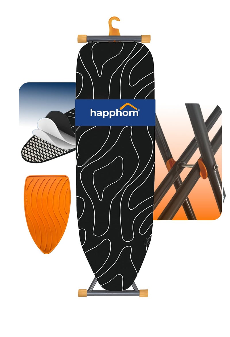 happhom طاولة كي مدمجة وموفرة للمساحة طاولة كي حاصلة على براءة اختراع مع غطاء سميك إضافي من 3 طبقات قابلة لتعديل الارتفاع سهلة التخزين مع شماعة ذكية وأرجل فولاذية قوية سوداء 13x43