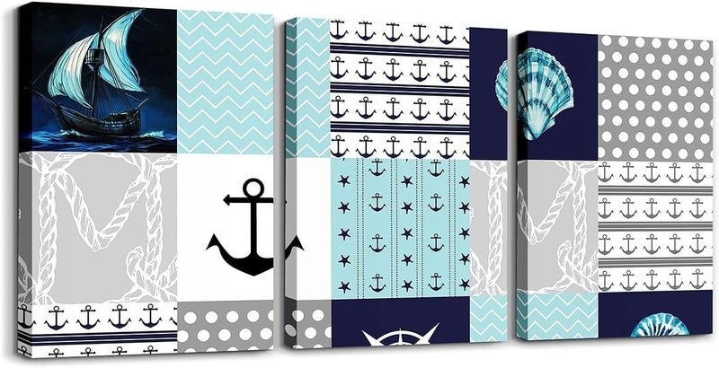 Erosebridal Nautical Canvas Wall Art 12 X 16 Inches Patchwork Wall Decor for Kids Boys Girls Anchor Seashell Polka Dot Compass Artwork Posters Sailboat Geometric Ocean Painting - Image 1